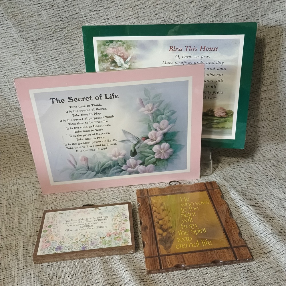 Vintage Religious Wall Plaque Set 4pc Heartwarmer Secret of Life Bless House New